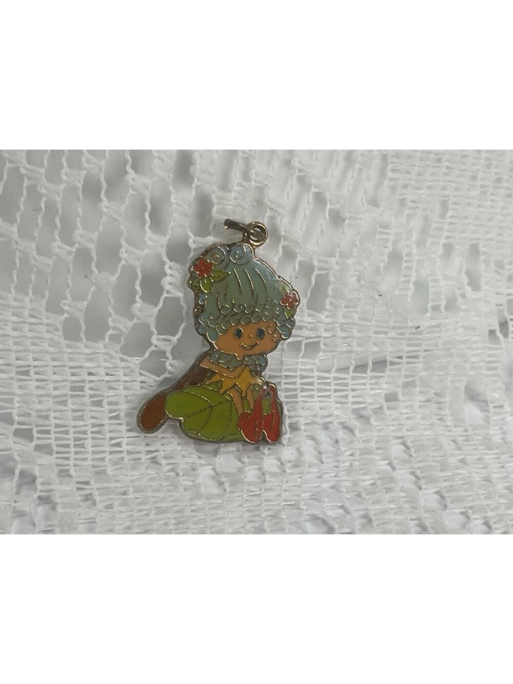 Vintage 1980s CARE Taiwan Enamel Charm Pendant With Girl Flowers & Leaves Design